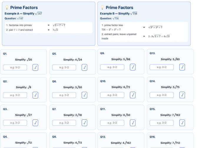 Simplifying Surds Worksheet (IGCSE Maths) + Answers