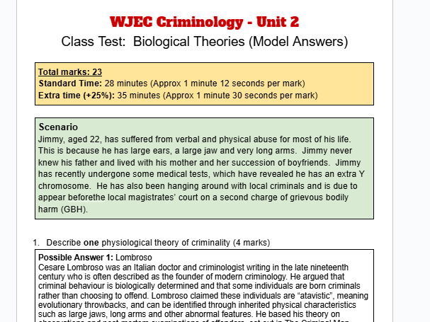 WJEC Criminology Unit 2 – Biological Theories Class Test with Model Answers