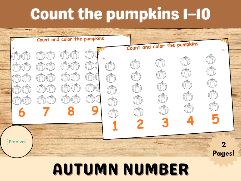 Count the pumpkins 1–10 – Autumn Number Recognition and Coloring
