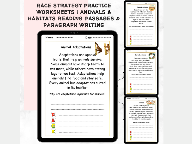 RACE Strategy Practice Worksheets | Animals & Habitats Reading Passages & Paragraph Writing