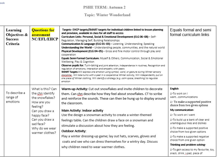 PSHE EYFS Winter Wonderland planning