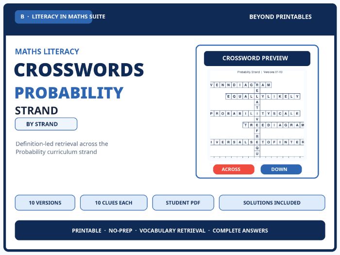Probability Strand Maths Crosswords | 10 Vocabulary Puzzles with Solutions
