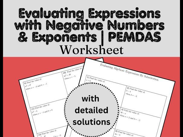 Evaluating Expressions with Negative Numbers & Exponents | PEMDAS Worksheet