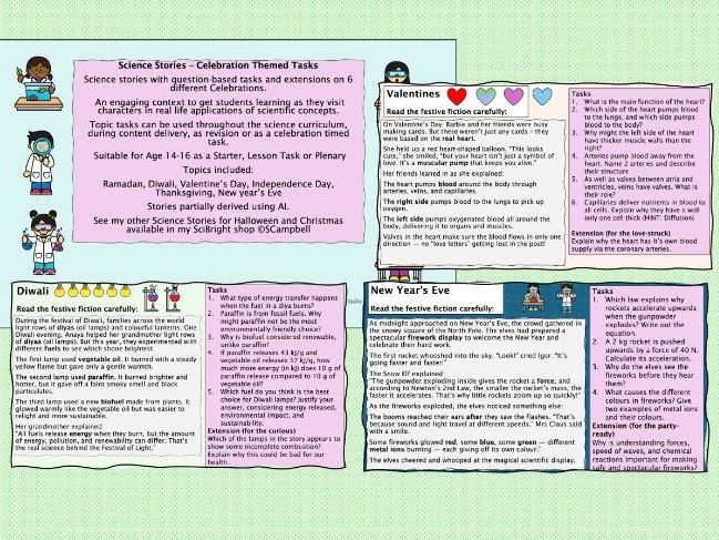 Science Stories - 6 Celebration Themed Tasks GCSE 9-1