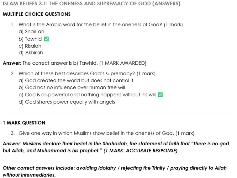 GCSE Model Answers Islam Beliefs FULL SET AQA
