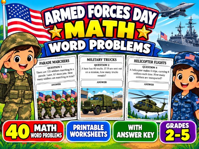 Armed Forces Day Math Word Problems | 40 Printable Worksheets with Answer Key