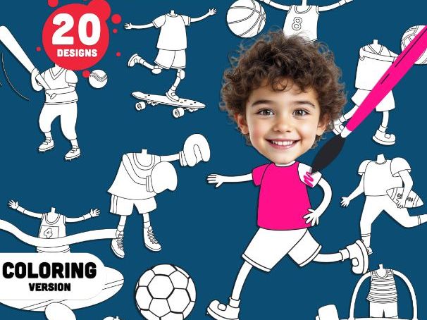 Put Your Own Face on Sports Players, Kid Sports Body Clipart Templates, Sports Character Colouring