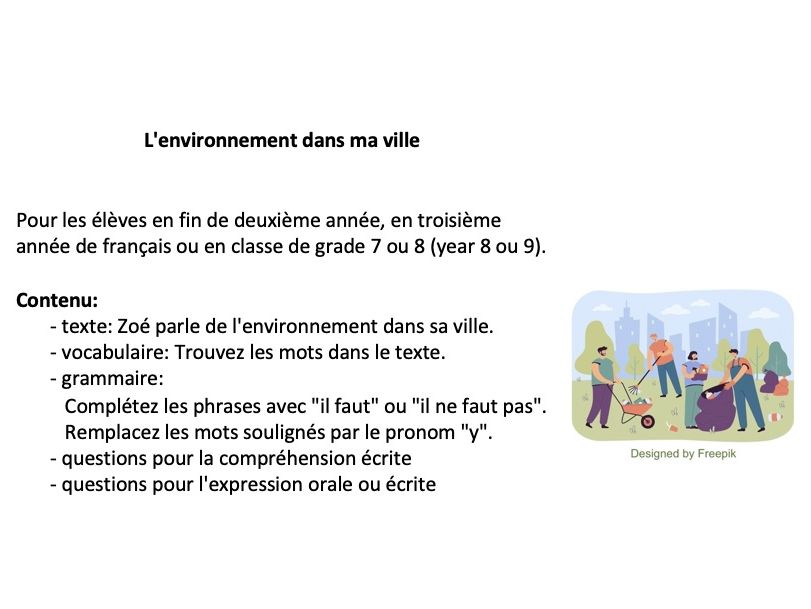 French year 8 or 9 (grade 7 or 8): l'environnement dans ma ville (vocabulary, grammar, reading)