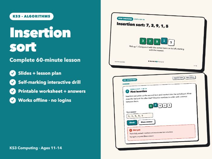 Insertion Sort: Complete KS3 Lesson | Step-Through Slides, Self-Marking Drill, Worksheet | Ages 11-1