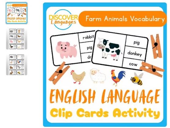 Farm Animals Vocabulary Clip Card Activity for English Language Learners