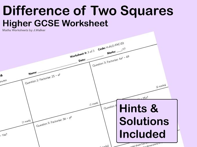 GCSE Maths Worksheet: Factorising Difference of Two Squares - Higher Tier