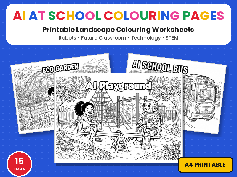 AI at School Colouring Pages | Future Classroom Robots Printable Landscape Colouring Page Worksheets
