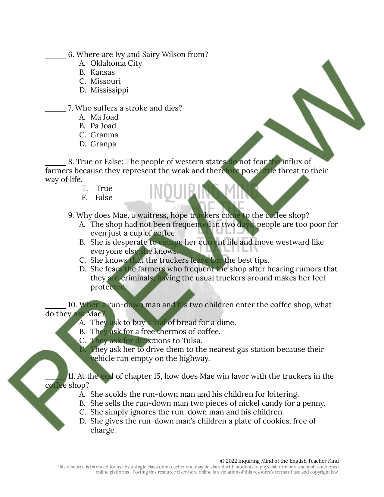 The Grapes of Wrath Chapters 13 through 15 Quiz and Answer Key