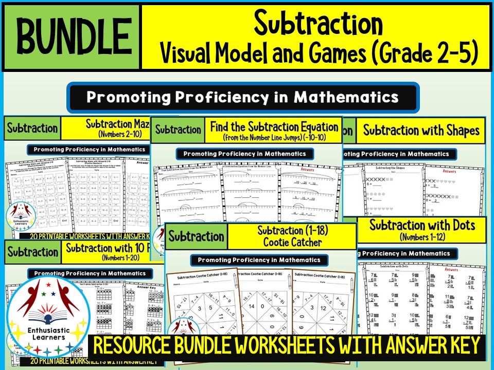 SUBTRACTION WITH VISUAL MODELS AND GAMES Worksheet Product or Resource BUNDLE for GRADE 2–5
