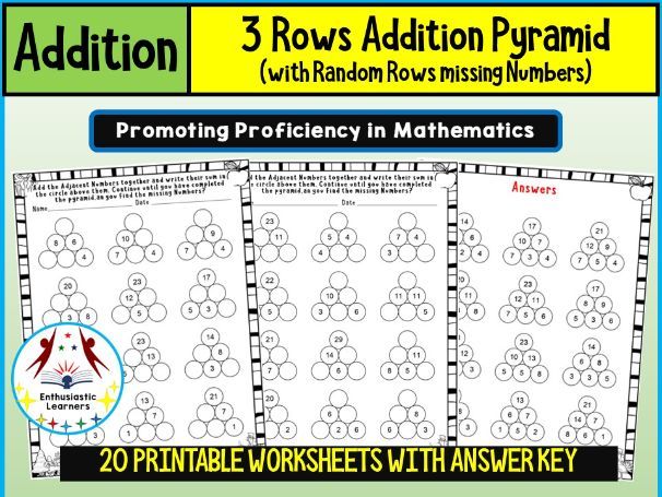3-Row Addition Pyramid with Random Missing Numbers Worksheets – Practice Activity