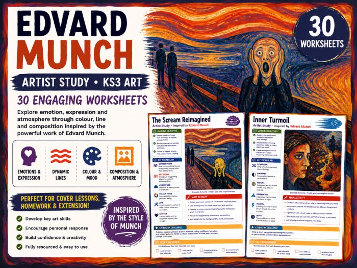 Edvard Munch Artist Study – 30 Expressive Art Worksheets | KS3 Art | Expressionism, Colour & Emotion