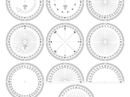 VARIOUS PRINTABLE PROTRACTORS /ANGLE MEASURERS (circular/semi-circular) and version for BEARINGS