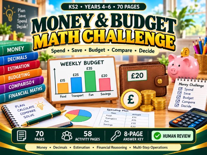 Money and Budget Maths Challenge | KS2 Financial Maths | Years 4–6 | 70 Pages