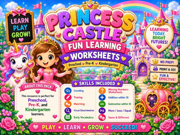 Princess Castle Worksheets for Pre-K & Kindergarten | Math, Tracing, Counting & Matching