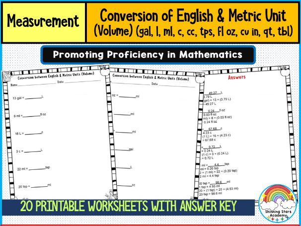 Conversion of English & Metric Unit (Volume) (gal, l, ml, c, cc, tsp, fl oz, cu in, qt, tbsp) Worksh