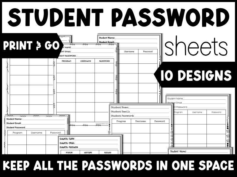Student Password Template Login and Password Sheets - Printable -