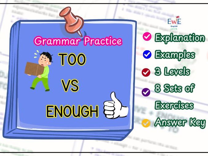 Too vs Enough Grammar Worksheets & Lesson | ESL EFL Grammar Activities, Practice