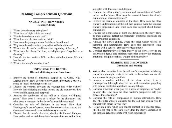 A Clean, Well-Lighted Place by Ernest Hemingway with Reading Comprehension Questions