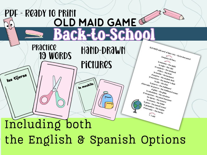 Play the OLD MAID / El Lápiz Roto, Spanish and English Options.