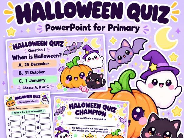 Halloween Quiz for Primary – PowerPoint with Answers, Answer Sheet and Certificate