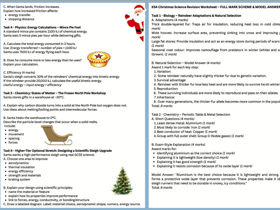 GCSE/Christmas Science Worksheet & Answers/Biology/Physics/Chemistry/KS4/AQA/GCSE/Combined Science