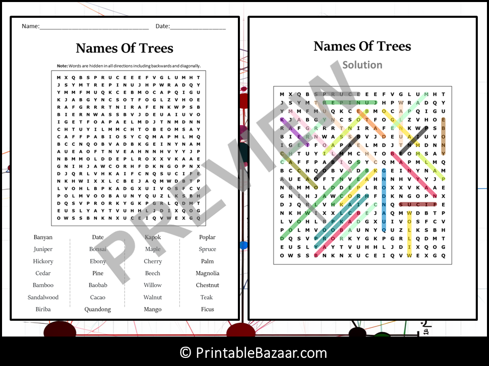 Names Of Trees Word Search Puzzle Worksheet Activity | Teaching Resources