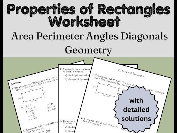 Properties of Rectangles Worksheet | Area Perimeter Angles Diagonals | Geometry