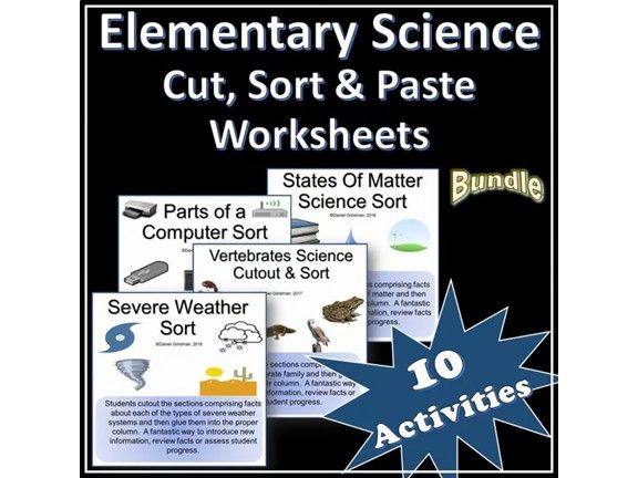 10 Cut, Sort & Paste Science Worksheets - Bundle - Printable