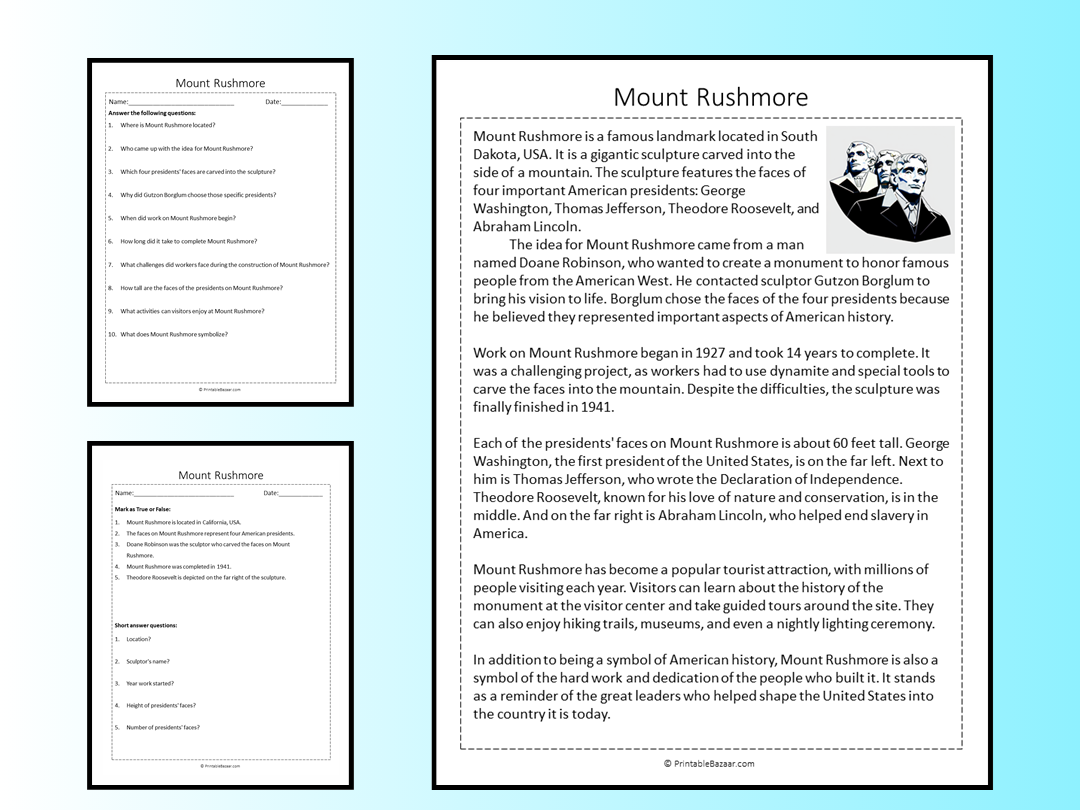 Mount Rushmore Reading Comprehension Passage Printable Worksheet ...