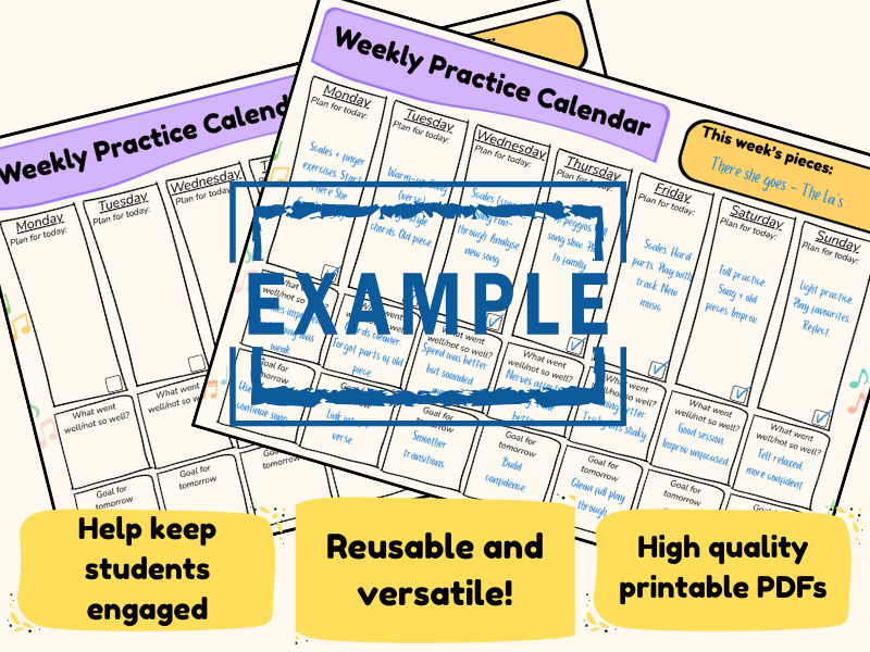 Weekly Music Practice Calendar: Practice Tracker, Goal Setting & Reflection Sheet (Printable)