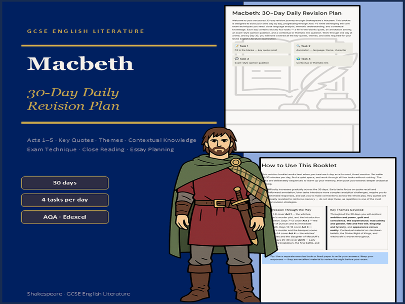 Macbeth 30-Day Revision Booklet | GCSE English Literature | AQA | Daily Tasks, Key Quotes & Contextu