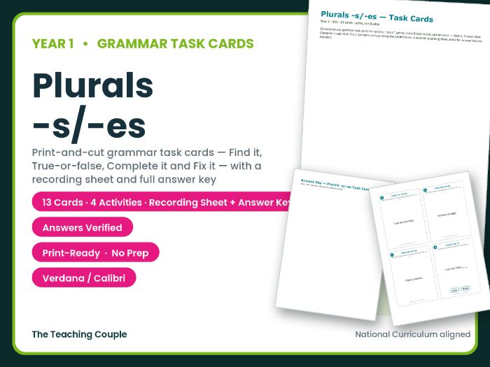 Year 1 Plurals -s/-es Task Cards – 13 Grammar Cards + Answer Key