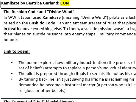 WJEC Poetry 2027 Kamikaze Historical Context revision sheet
