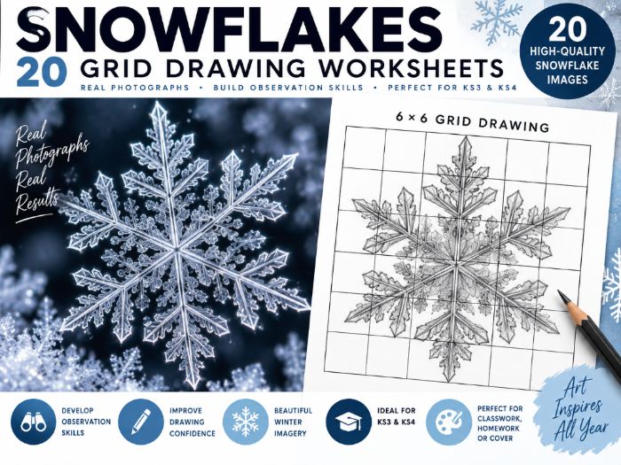 Snowflake Grid Drawing Worksheets | 20 Winter Art Activities | KS3 KS4