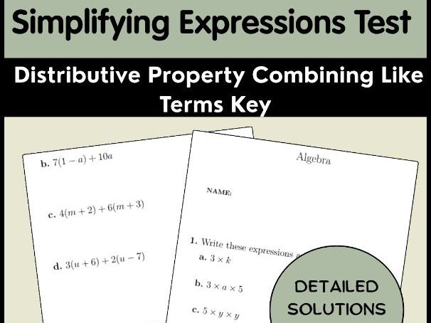 Simplifying Expressions Test | Distributive Property Combining Like Terms Key