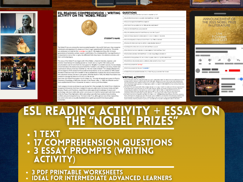 ESL Reading Comprehension + Writing Activity Worksheets - Nobel Prizes