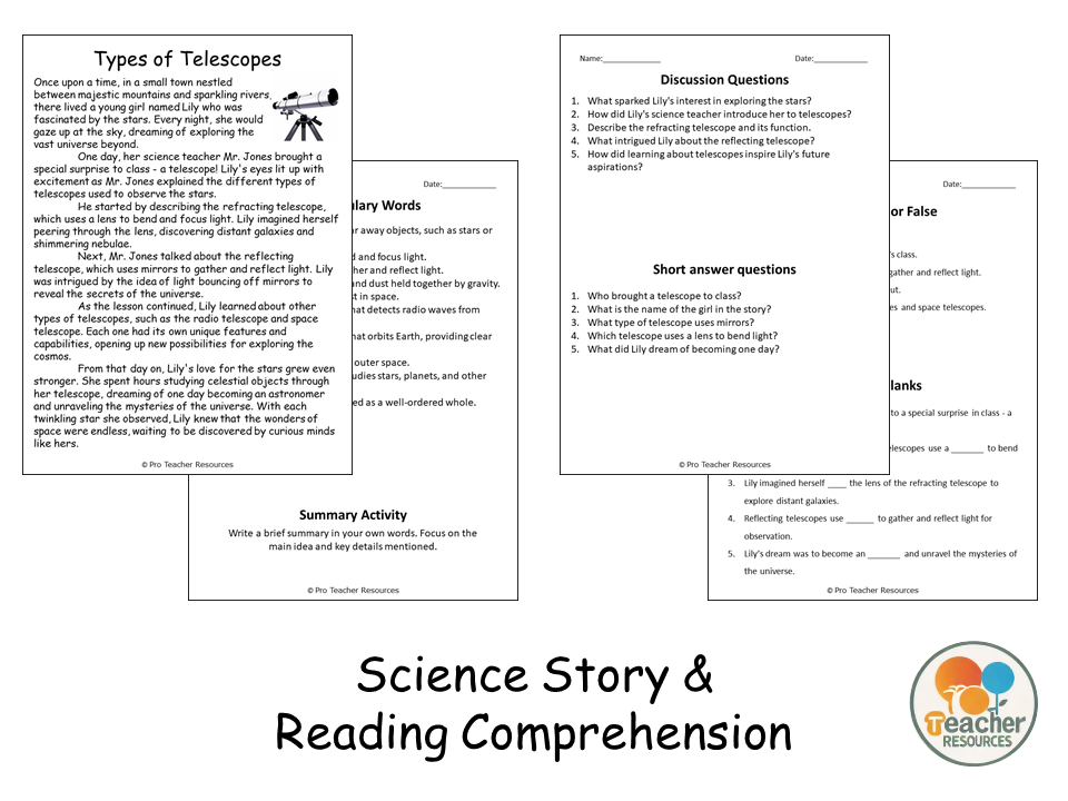 Types of Telescopes Reading Science Story Comprehension Questions ...