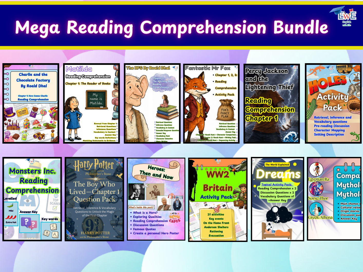 Mega Reading Comprehension + Activity Packs Bundle: 12 Themed Packs (Harry Potter, Charlie and the Chocolate Factory, Dreams, Fantastic Mr Fox, The BFG, Percy Jackson & More)