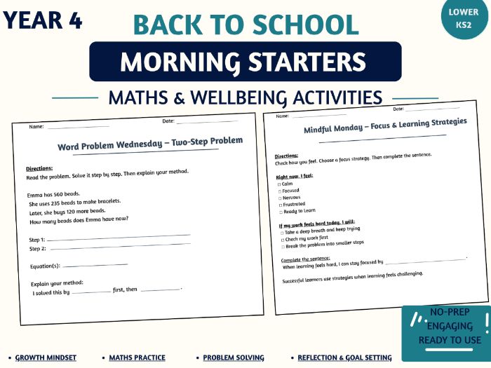 Year 4 Back to School Morning Starters | Maths & Wellbeing Activities