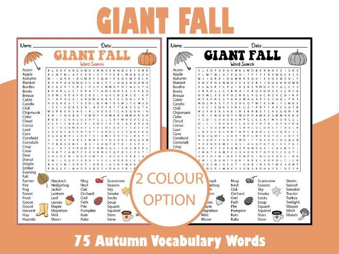 GIANT Fall Word Search Puzzle – 75 Autumn Vocabulary Words Activity for Students