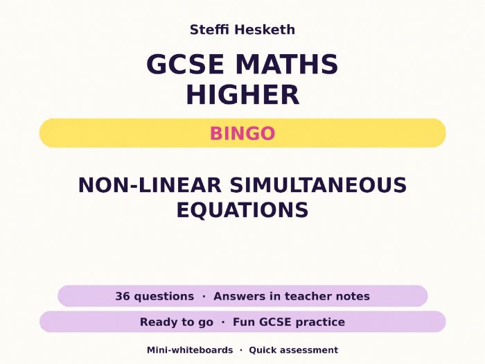 Non-linear Simultaneous Equations GCSE Maths Higher Bingo