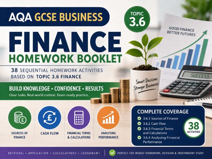 AQA GCSE Business Finance Homework Activities  for Topic 3.6 (Full Year)