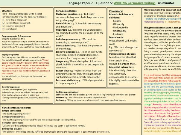 AQA GCSE English language paper 2 question 5 - persuasive writing unit of work (speech and article)