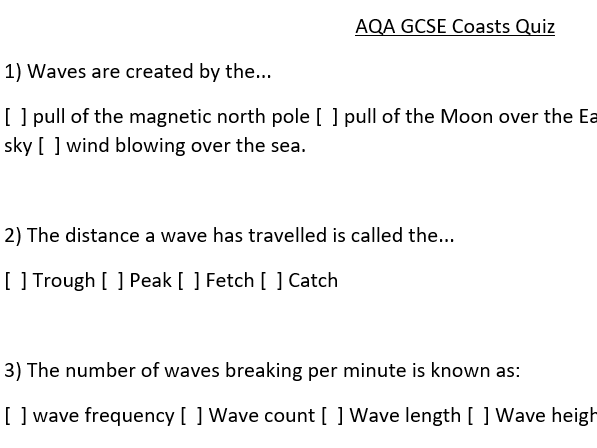 AQA Geography GCSE paper 1 - multiple choice quizzes tectonics, weather hazards, rivers, coasts, etc