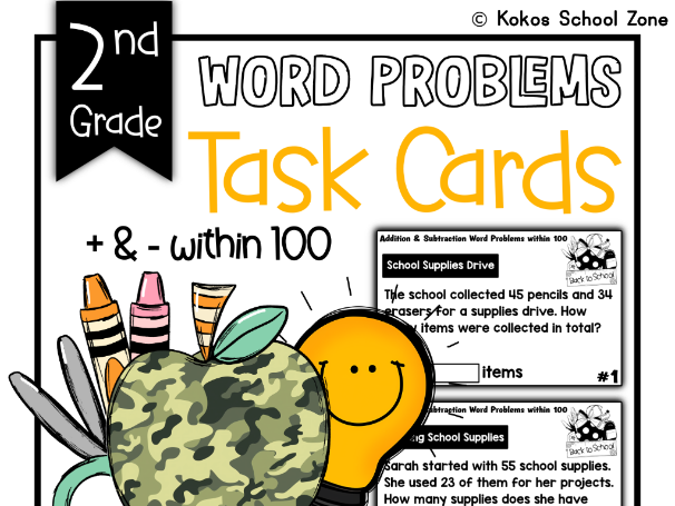 Year 2 Word Problem Task Cards - Addition & Subtraction to 100 | Back to School Maths